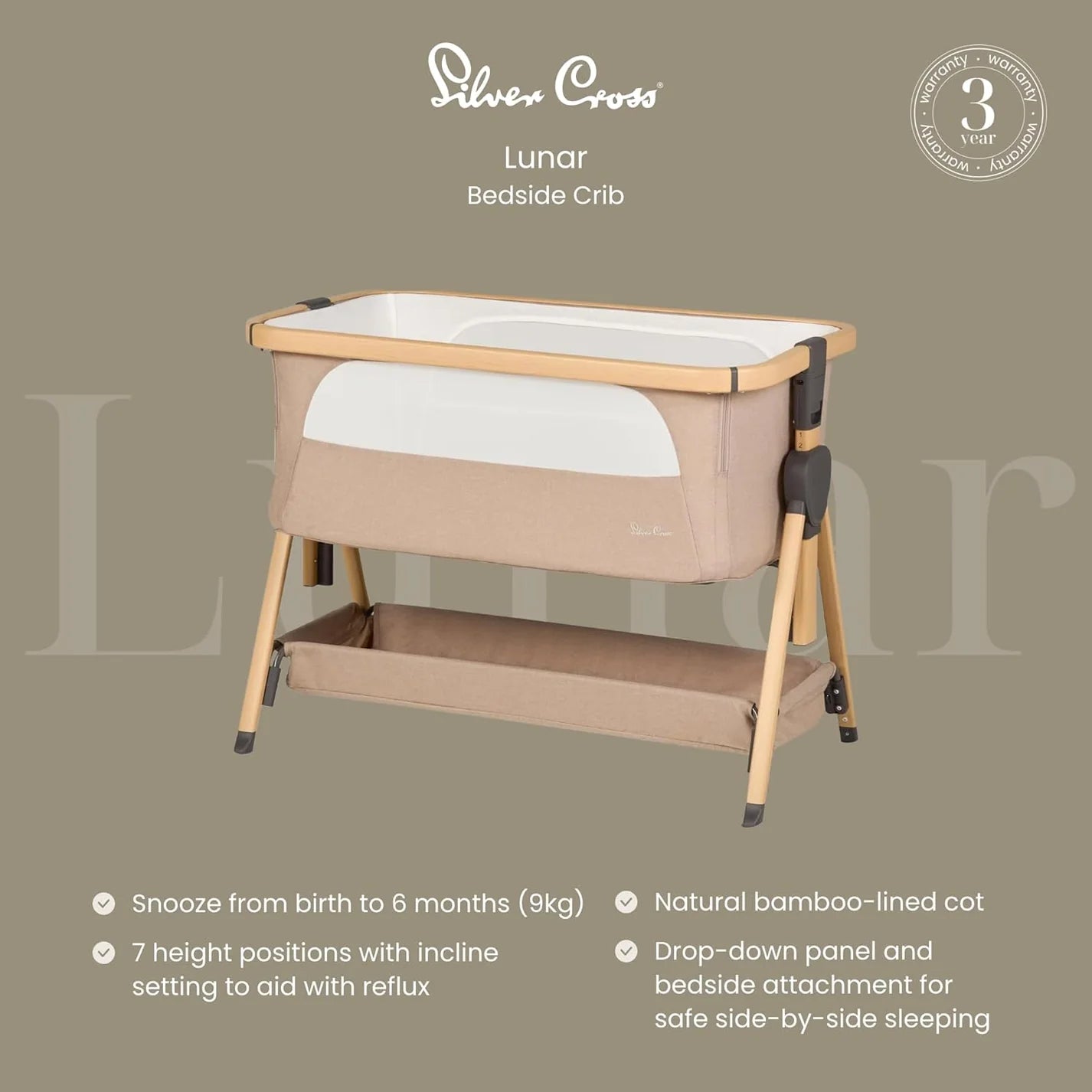Silver Cross Lunar Co-Sleeper Bedside Crib - Oatmeal