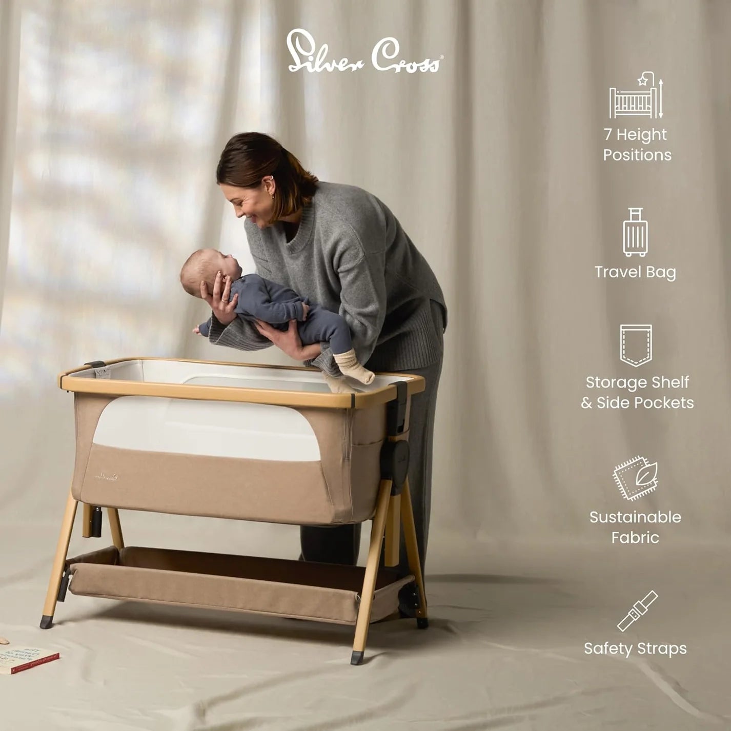 Silver Cross Lunar Co-Sleeper Bedside Crib - Oatmeal