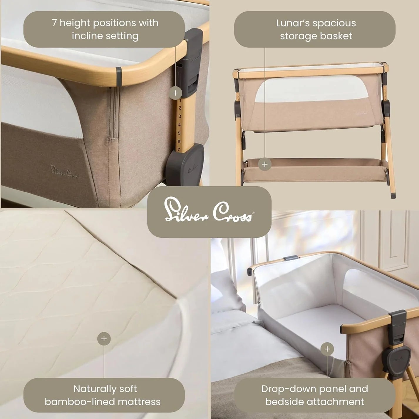 Silver Cross Lunar Co-Sleeper Bedside Crib - Oatmeal