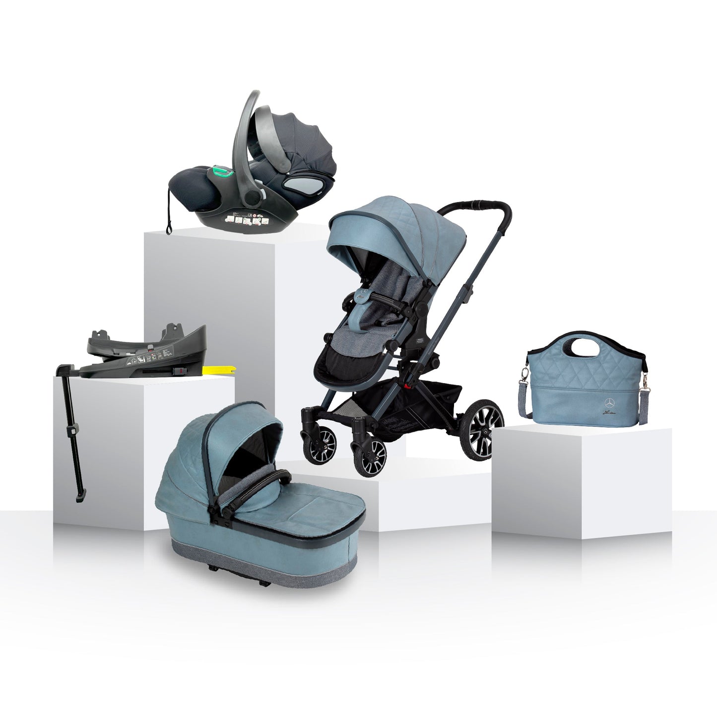 Mercedes Benz Avantgarde GTX Stroller, Carrycot & Accessories with Cozy N Safe Avalon i-Size Baby Car Seat and base Bundle - Denim Blue
