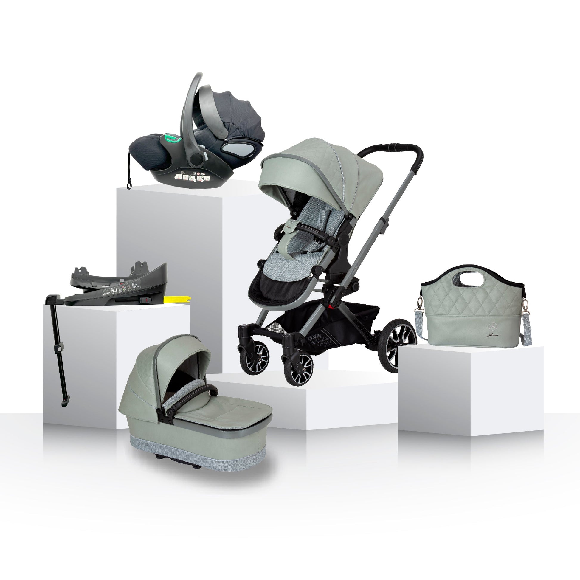 Mercedes Benz Avantgarde GTX Stroller, Carrycot & Accessories with Cozy N Safe Avalon i-Size Baby Car Seat and base Bundle - Sage Grey