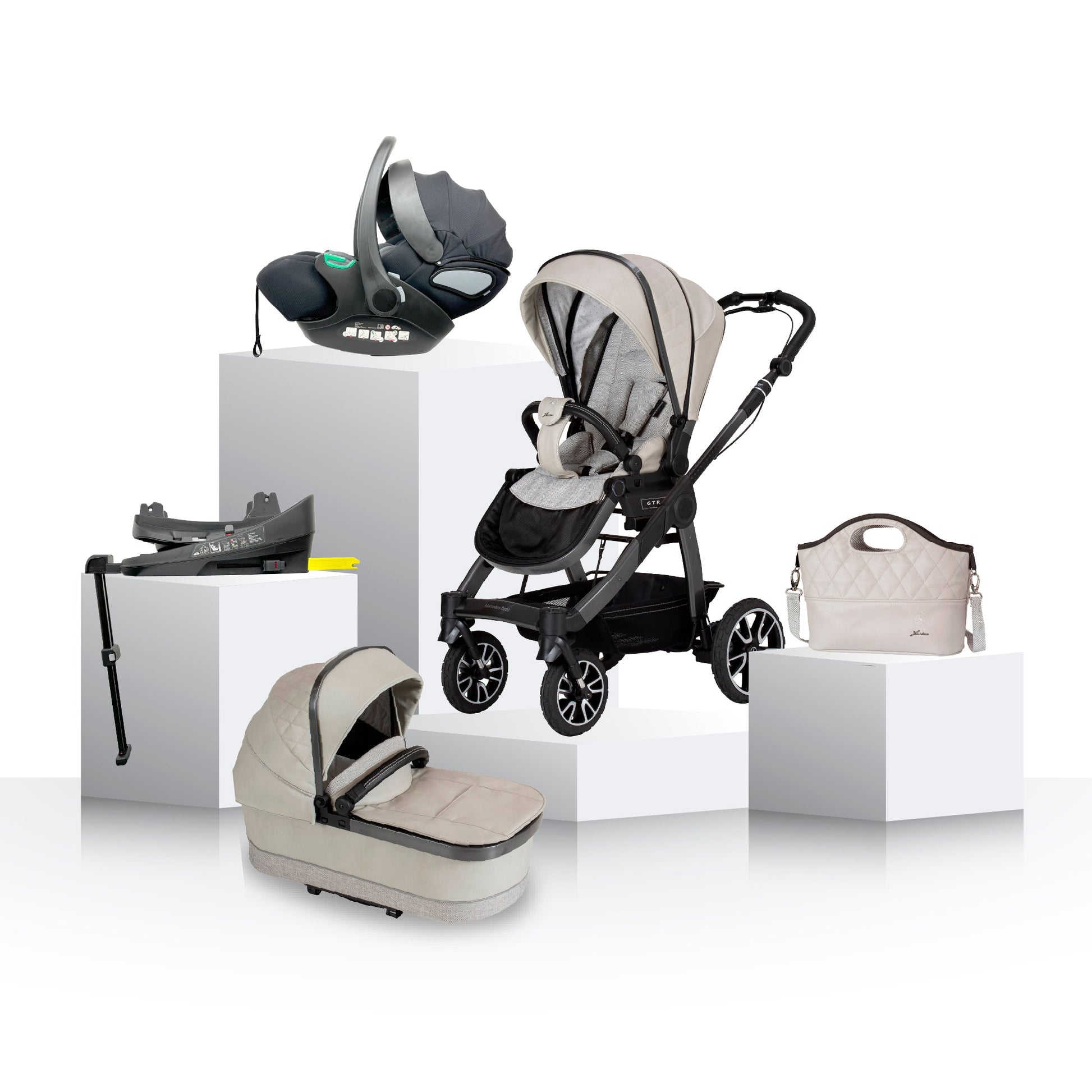 Mercedes Benz All-Terrain GTR Stroller, Carrycot & Accessories with Cozy N Safe Avalon i-Size Baby Car Seat and base Bundle - Moonstone