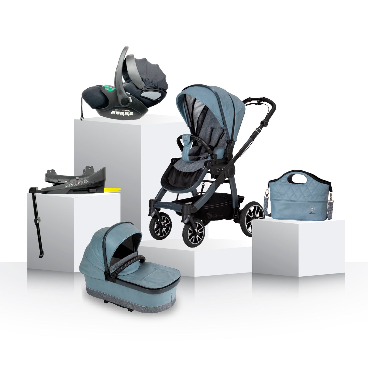 Mercedes Benz All-Terrain GTR Stroller, Carrycot & Accessories with Cozy N Safe Avalon i-Size Baby Car Seat and base Bundle - Denim Blue