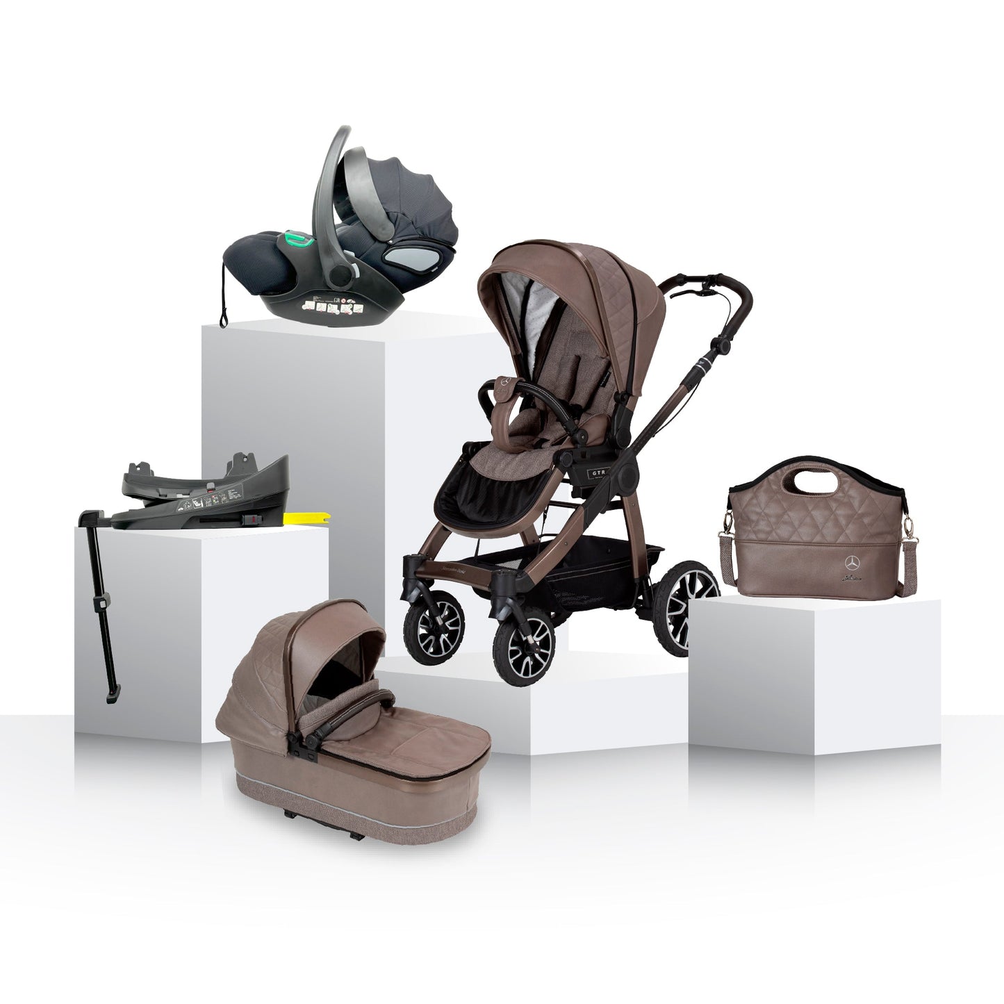 Mercedes Benz All-Terrain GTR Stroller, Carrycot & Accessories with Cozy N Safe Avalon i-Size Baby Car Seat and base Bundle - Truffle