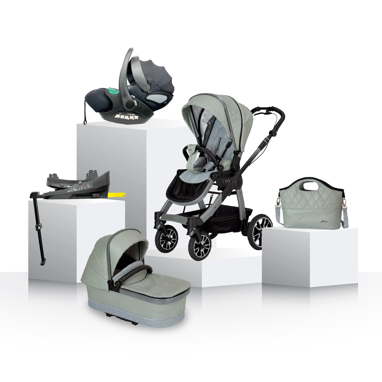 Mercedes Benz All-Terrain GTR Stroller, Carrycot & Accessories with Cozy N Safe Avalon i-Size Baby Car Seat and base Bundle - Sage Grey
