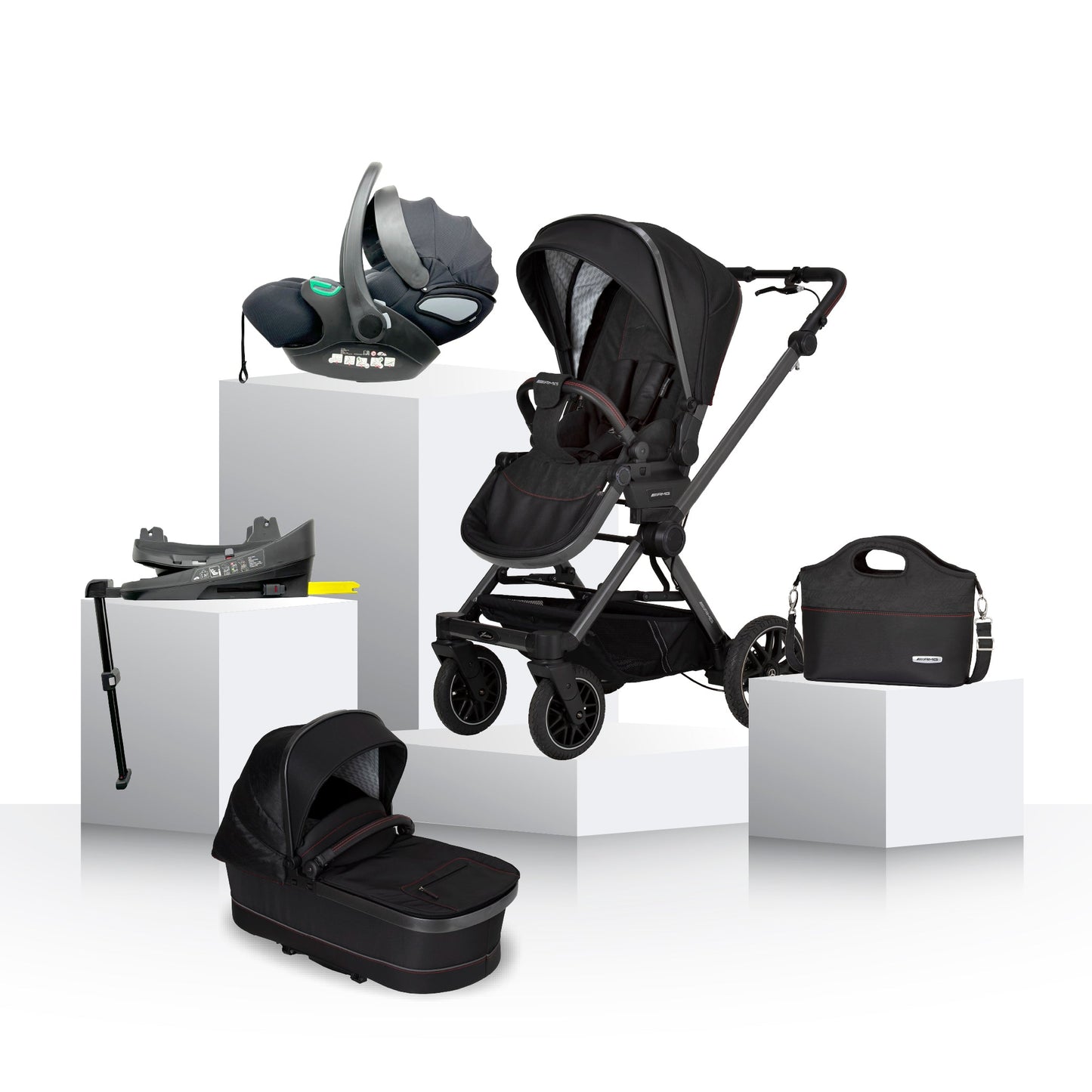Mercedes AMG GT² Stroller, Carrycot & Accessories with Cozy N Safe Avalon i-Size Car Seat and base Bundle - Charcoal Black