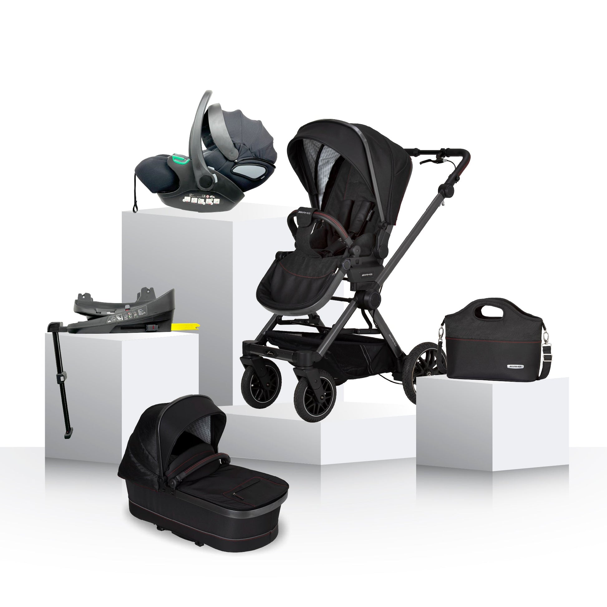 Mercedes AMG GT² Stroller, Carrycot & Accessories with Cozy N Safe Avalon i-Size Car Seat and base Bundle - Charcoal Black